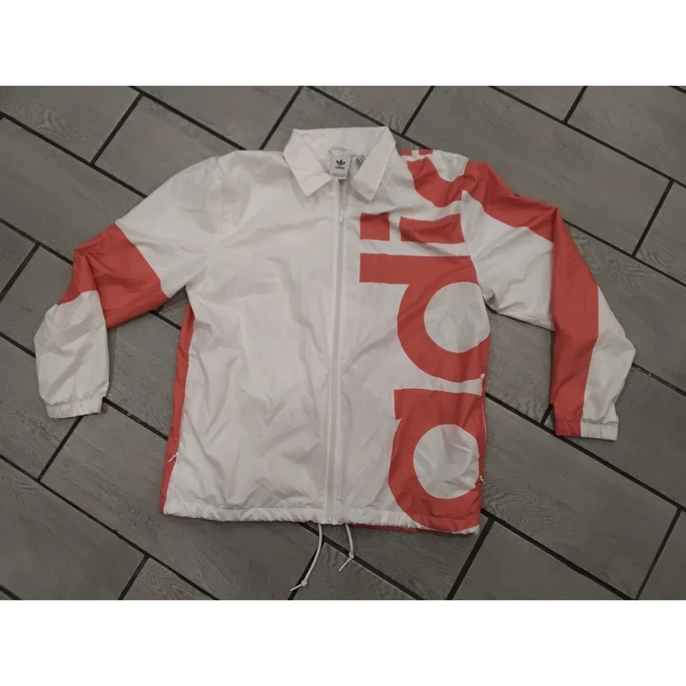 Adidas Originals Mens Large White Coral Pink Graphic Full Zip Windbreaker Jacket